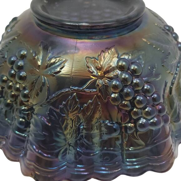 Vintage Imperial Carnival Glass Bowl Grape Vines Pattern Ruffled 10 1/4" Rim - Picture 6 of 13